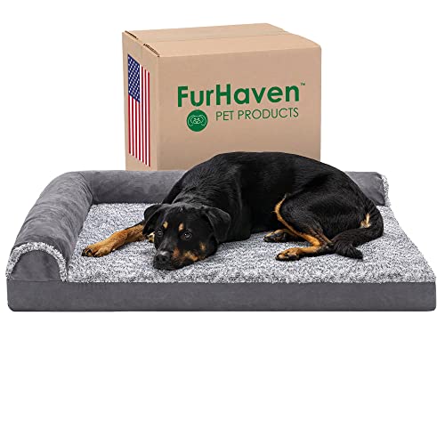 Furhaven XL Orthopedic Dog Bed Two-Tone Faux Fur & Suede L Shaped Chaise w/ Removable Washable Cover...