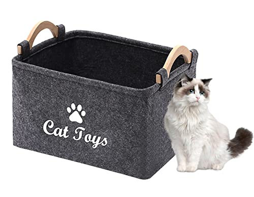 Geyecete CAT Toys Storage Bins - with Wooden Handle,Collapsible Pet Supplies Storage Basket Pet...