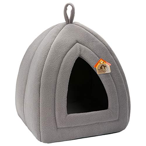 Hollypet Self-Warming 2 in 1 Foldable Comfortable Triangle Cat Bed Tent House, Dark Gray
