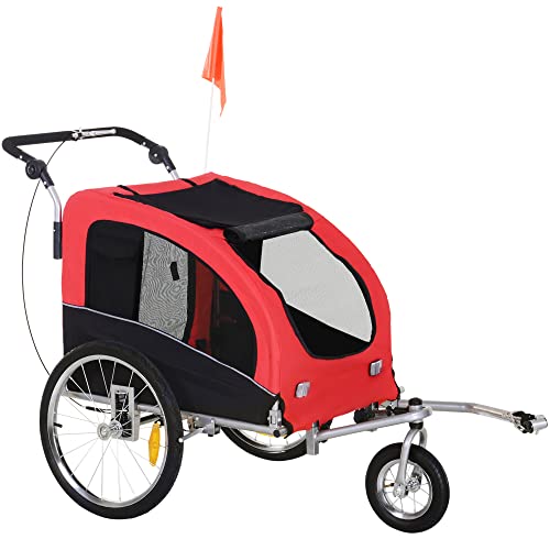 Aosom Dog Bike Trailer 2-in-1 Pet Stroller with Canopy and Storage Pockets, Red