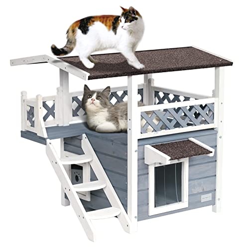 Petsfit Durable Roof Outdoor Cat House Weatherproof with Escape Door, Stair or Scratch Board, 2...