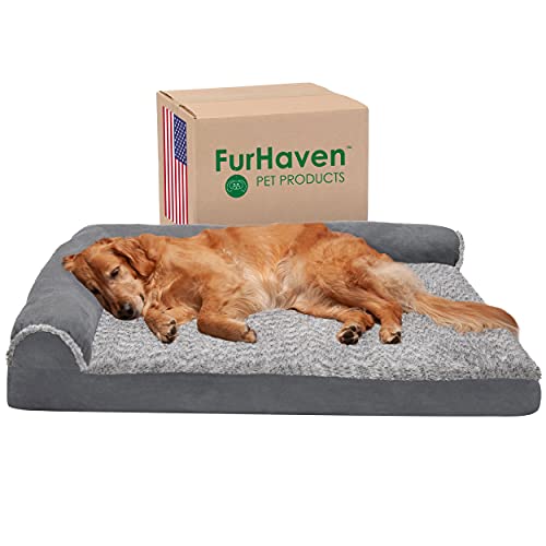 Furhaven Pet Bed for Dogs and Cats - Two-Tone Faux Fur and Suede L-Shaped Chaise Egg Crate...