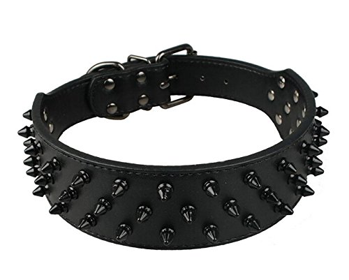 Dogs Kingdom Leather Black Spiked Studded Dog Collar 2' Wide, 31 Spikes 52 Studdeds Pit Bull, Boxer...