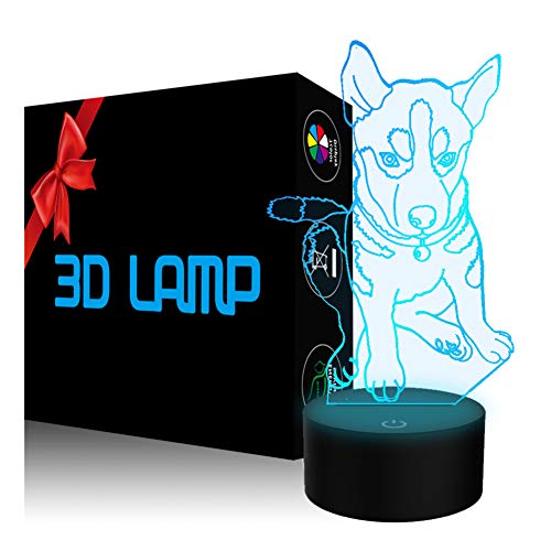 Animal Dog Husky 3D Illusion Night Light, YKLWORLD LED Huskie Table Desk Lamp 7 Color Changing Touch...