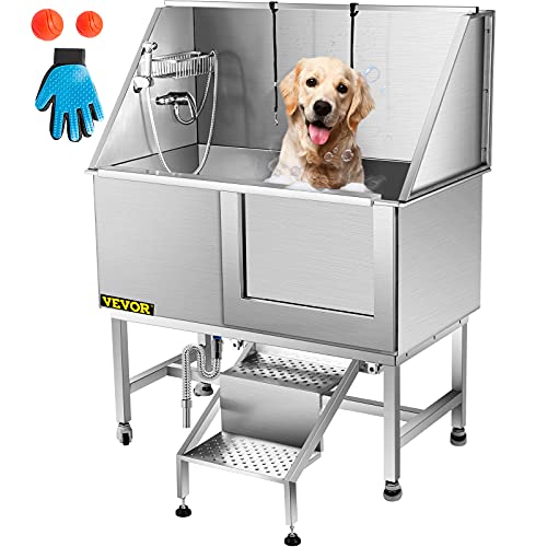 VEVOR 50 Inch Dog Grooming Tub?Professional Stainless Steel Pet Dog Bath Tub?with Steps Faucet &...