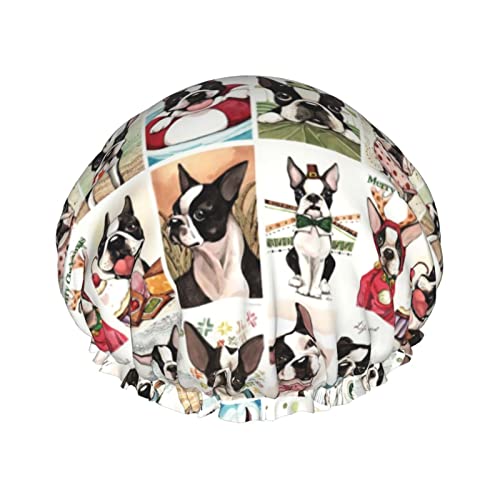 French Bulldog Boston Terrier Dog Pattern Shower Caps For Women,Waterproof Reusable Shower Hair Caps...