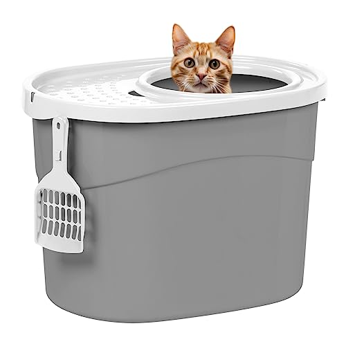 IRIS USA Top Entry Cat Litter Box with Scoop, Gray/White