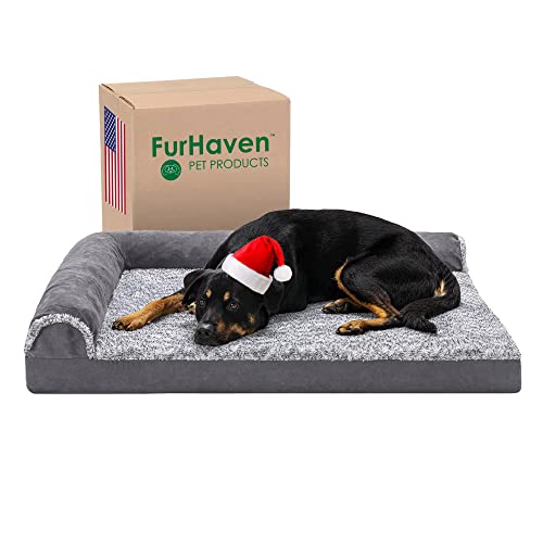 Furhaven Two-Tone Faux Fur & Suede L Shaped Chaise Egg Crate Orthopedic Foam Dog Bed - Stone Gray,...