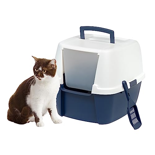 IRIS USA Jumbo Hooded Cat Litter Box with Scoop, Navy