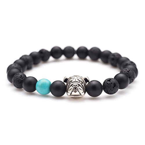 Karseer Black Matte Onyx and Lava Energy Stone Mala Beaded Stretch Bracelet with Bulldog Mascot...