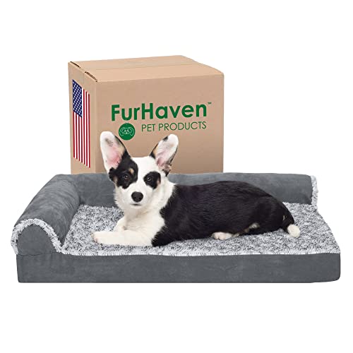 Furhaven Medium Orthopedic Dog Bed Two-Tone Faux Fur & Suede L Shaped Chaise w/ Removable Washable...