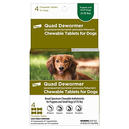 Elanco Chewable Quad Dewormer for Small Dogs, 2-25 lbs, 4 Chewable Tablets, White