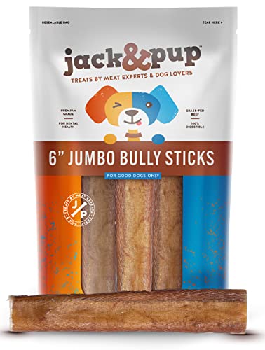 Jack&Pup Premium Grade 6 Inch Dog Bully Sticks for Medium Dogs, Jumbo Bully Sticks for Large Dogs...