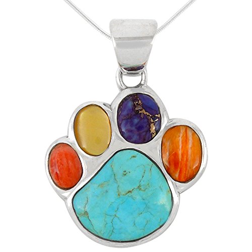 Dog Paw Pendant Necklace 925 Sterling Silver Genuine Turquoise & Gemstones (20', Multi)