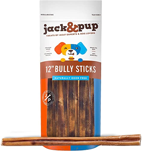 Jack&Pup Thick Bully Sticks 12 Inch Premium Dog Bully Sticks for Large Dogs Aggressive Chewers - All...