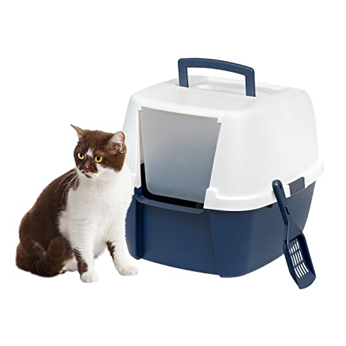 IRIS USA Jumbo Enclosed Cat Litter Box with Front Door Flap and Scoop, Hooded Kitty Litter Tray with...