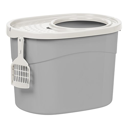 IRIS USA Large Simple Round Top Entry Cat Litter Box with Scoop, Curved Kitty Litter Pan with Litter...