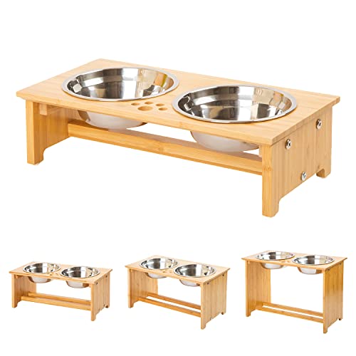 FOREYY Raised Pet Bowls for Cats and Small Dogs, Bamboo Elevated Dog Cat Food and Water Bowls Stand...