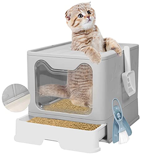 Ralthy Large Foldable Cat Litter Box with Lid Top Entry Anti-Splashing with Pet Plastic Scoop and Poop Bag Gray Cat Potty Tray 