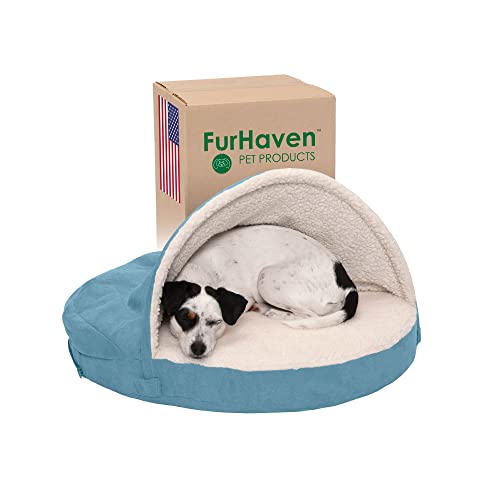Furhaven Pet Bed for Dogs and Cats - Sherpa and Suede Snuggery Blanket Round Egg Crate Orthopedic...