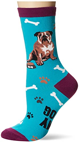 K. Bell Women's Dogs Novelty Crew Socks, English Bulldog (Teal), Shoe Size: 4-10