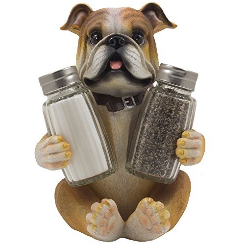 Bulldog Salt & Pepper Shaker Set Statuette with Decorative Spice Rack Display Stand Holder Puppy Dog...