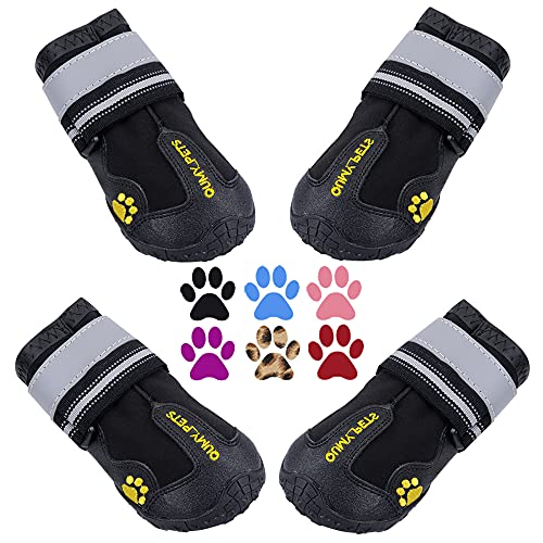 QUMY Dog Boots Paw Protectors Shoes for Large Dogs with Reflective Straps Anti-Slip Sole Black 4PCS...