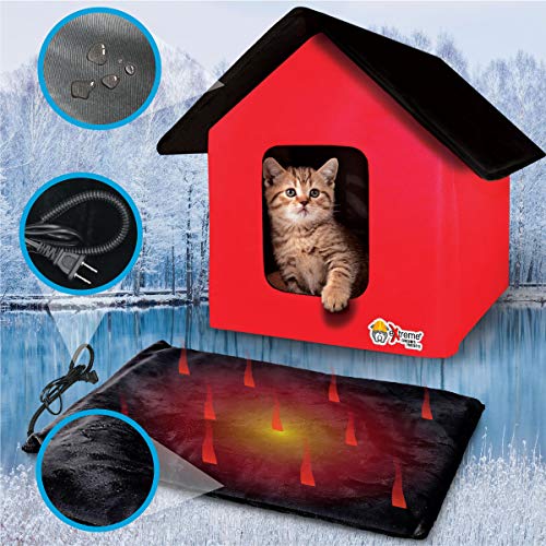 Extreme Consumer Products New 2020 Indoor/Outdoor - RED - Cat House with Heated Cat Bed - 2 Doors -...
