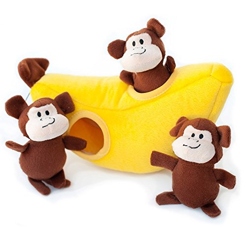 ZippyPaws - Zoo Friends Burrow, Interactive Squeaky Hide and Seek Plush Dog Toy - Monkey ‘n Banana