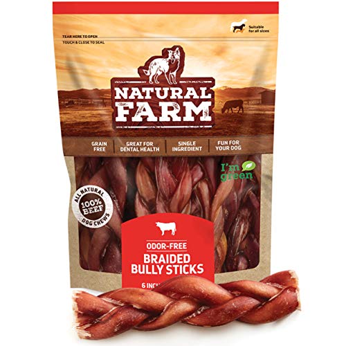 Natural Farm Odor-Free Braided Bully Sticks (6 Inch, 5 Pack) - 100% Grass-Fed Beef, Grain-Free, Low...