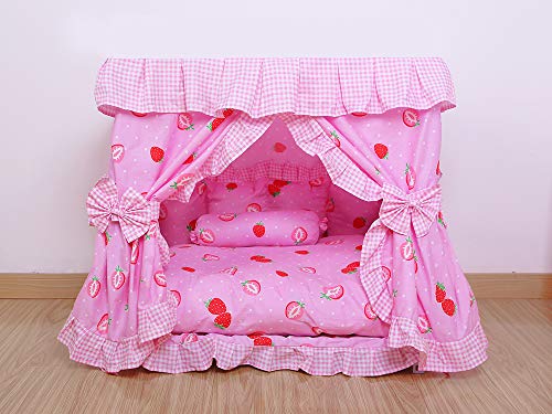 Kolachic Princess Pink Strawberry Pet Dog Cat Handmade Bed House+1 Candy Pillow Canopy (L)