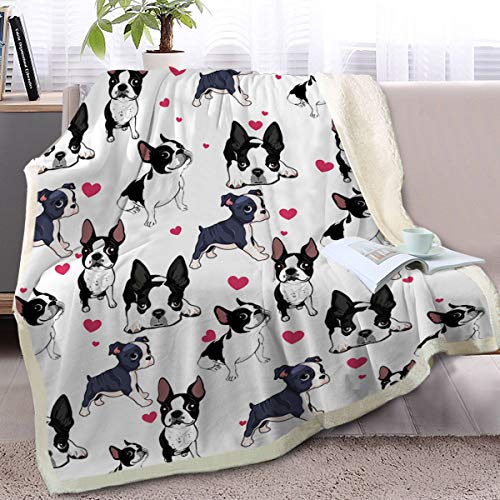 BlessLiving Boston Terrier Blanket Frenchie Dog Red Heart Plush Blanket Cute Puppy Dog Cozy Fleece...