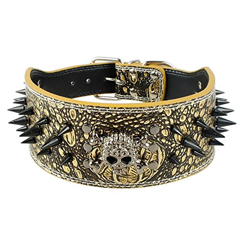 Berry Pet 3 Inch Width Bronze Sharp Spiked Studded Leather Dog Collar for...
