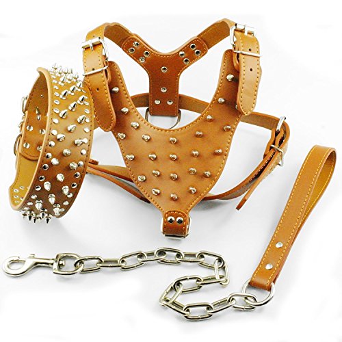 Dogs Kingdom Spiked Studded Leather Dog Pet Collar Harness Leash 3pcs Set Walking Pitbull Boxer...