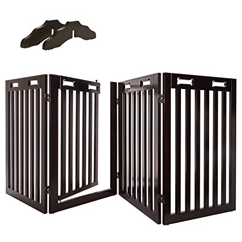 Arf Pets Freestanding Dog Gate with Door, 4 Panel 360° configurable Wooden Fence, 80' Wide, 31.5'...