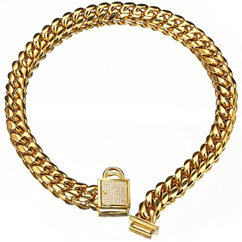 Designer Dog Collar Gold Metal Stainless Steel with Zirconia Lock 14mm 18K Gold Big Dog Luxury...