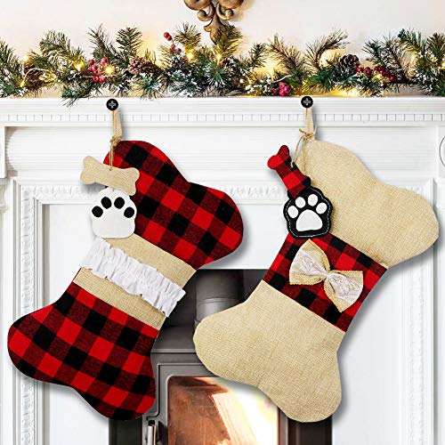 AerWo Pet Dog Christmas Stockings Set of 2, Buffalo Plaid Christmas Stockings Large Bone Shape...