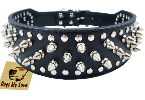 19'-22' Black Faux Leather Spiked Studded Dog Collar 2' Wide, 37 Spikes 60 Studs, Pitbull, Boxer