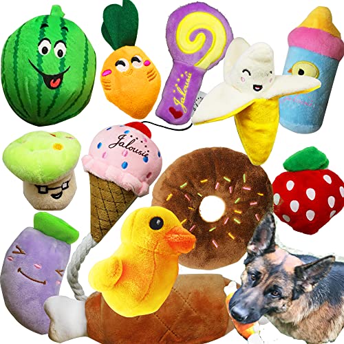 Jalousie 12 Pack Plush Animal Dog Toy Dog Squeaky Toys Cute Pet Plush Toys Stuffed Puppy Chew Toys...