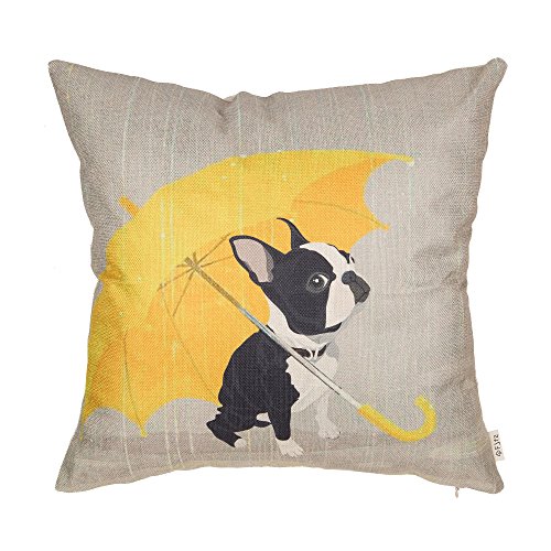 Fjfz Boston Terrier with Yellow Umbrella Dog Lover Decor Gift Cute Funny Decoration Cotton Linen...