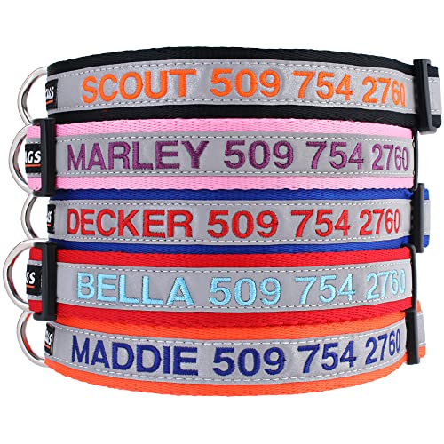 GoTags Reflective Personalized Dog Collar, Custom Embroidered with Pet Name and Phone Number in Blue...