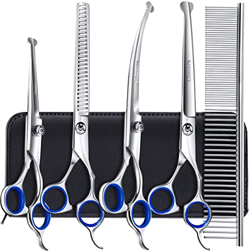 Gimars Professional 4CR Stainless Steel 6 in 1 Grooming Scissors for Dogs with Safety Round Tip,...