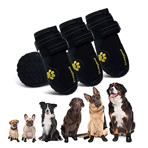 EXPAWLORER Waterproof Dog Boots Reflective Non Slip Pet Booties for Medium Large Dogs Black 4 Pcs...