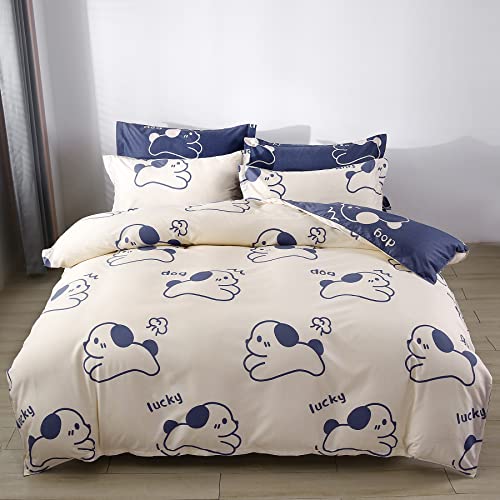 Mengersi Dogs Duvet Cover Set, Beige Blue Cute Pattern with Zipper Bedding Set for Girls Kids Adults...