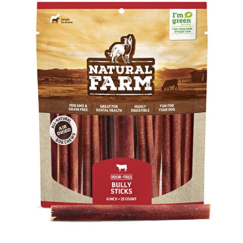 Natural Farm Odor-Free Bully Sticks (6 Inch, 25 Pack), 1.3 lb. Bag, Fully Digestible 100% Beef...