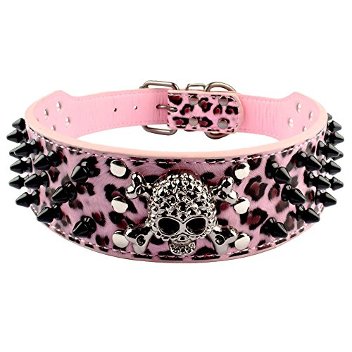 Berry Pet Spiked Leather Dog Collar - 3 Rows Bullet Rivets Studded PU Leather - Cool Skull Pet...