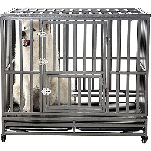 SMONTER 42' Heavy Duty Strong Metal Dog Cage Pet Kennel Crate Playpen Wheels,I Shape, Silver … …