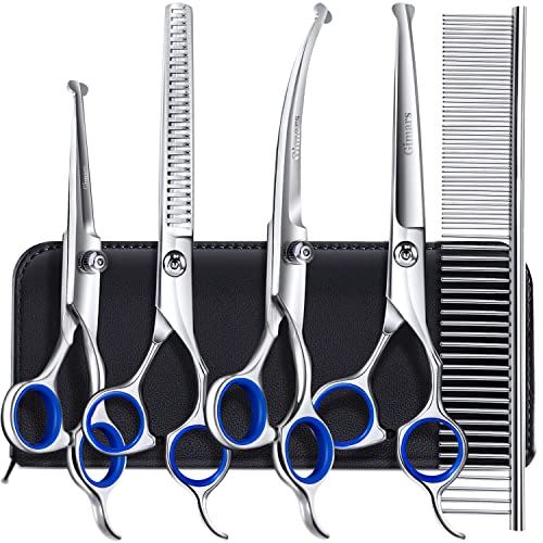 Gimars 6 in 1 Professional 4CR Stainless Steel Grooming Scissors for Dogs with Safety Round Tip,...