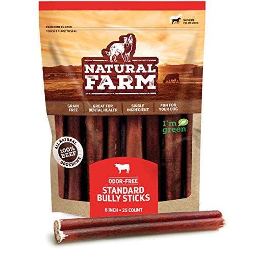 Natural Farm Bully Sticks, Odor-Free, 6-Inch Long, 25-Count (1.3lb Bag), Fully Digestible 100% Beef...