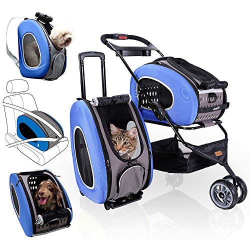 5-in-1 Pet Carrier with Backpack, Pet Carrier Stroller, Shoulder Strap, Carriers with Wheels for...